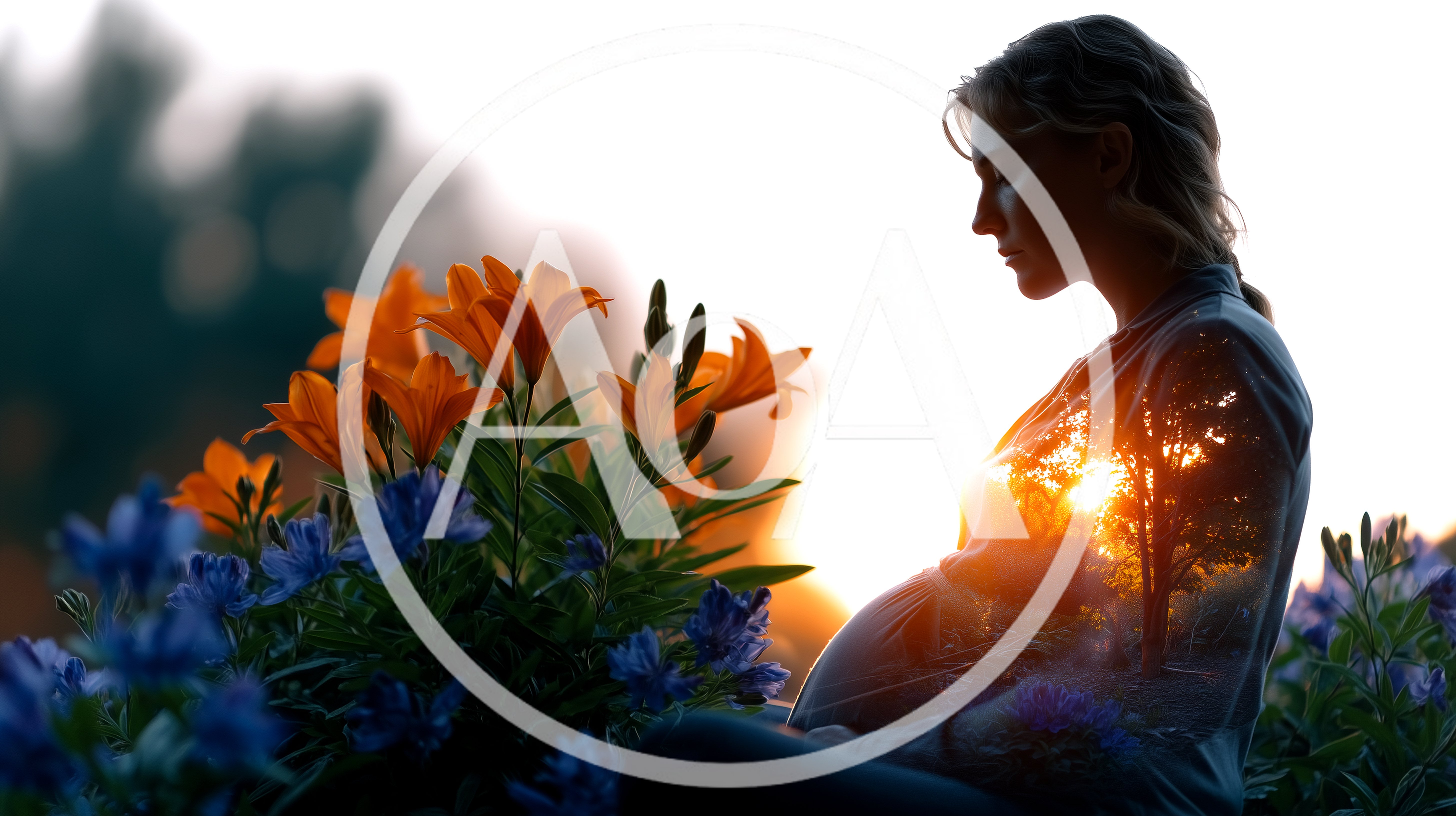Pregnant Woman Sitting Among Flowers With Double Exposure Effect