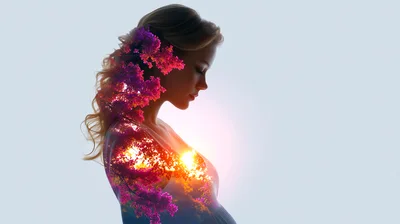 Double Exposure Silhouette Of A Pregnant Woman With Flowers