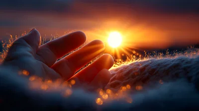 Human Hand Reaching Toward A Glowing Sunset