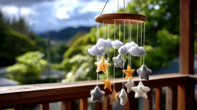 Handmade Felt Baby Mobile Hanging On A Porch