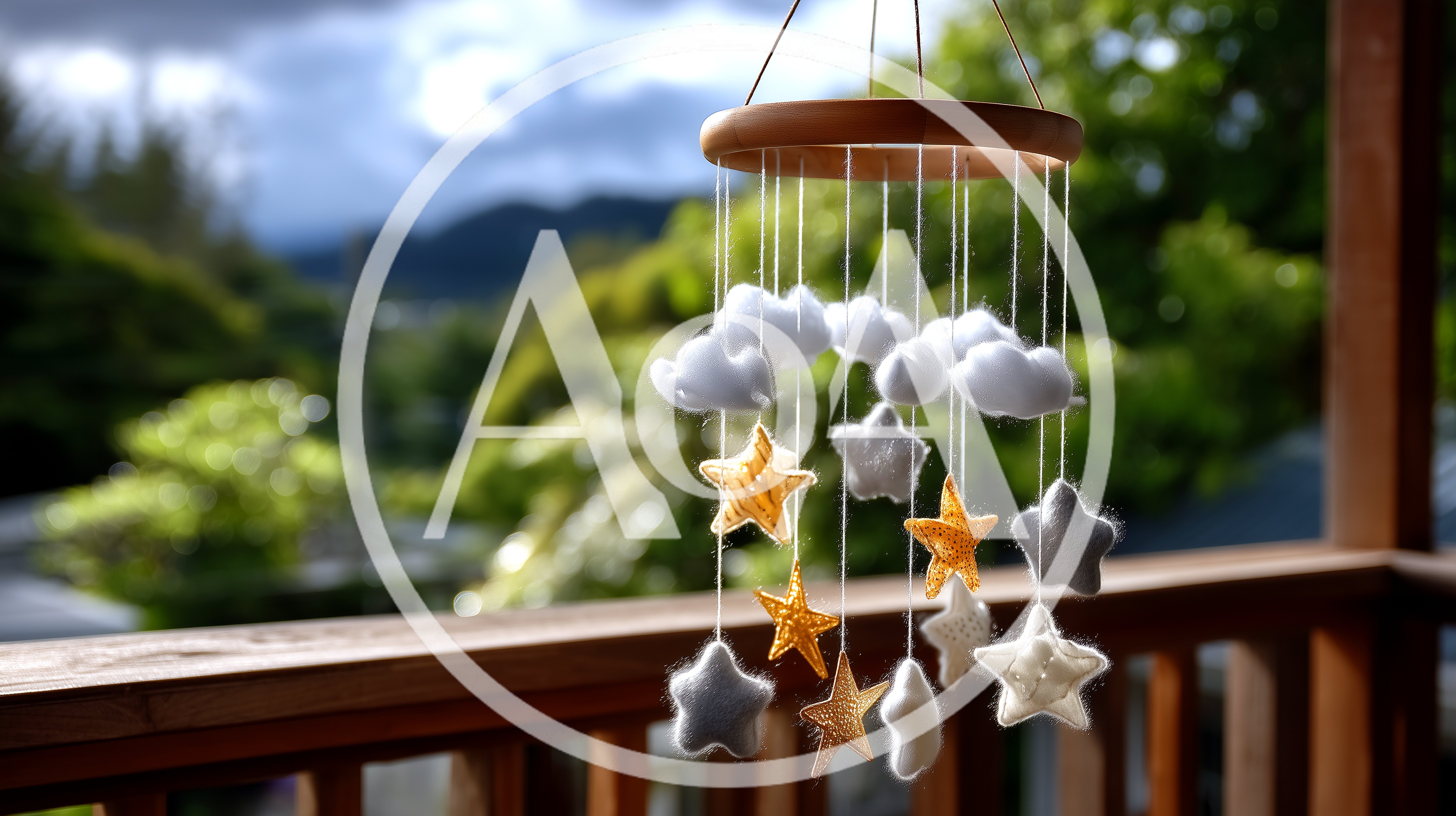 Handmade Felt Baby Mobile Hanging On A Porch