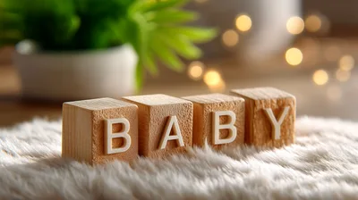 Wooden Baby Blocks Spelling Baby On Soft White Fur