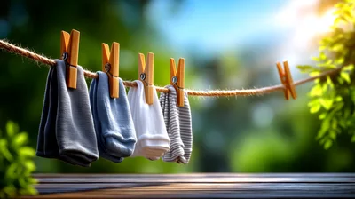 Socks Hanging On A Clothesline Outdoors
