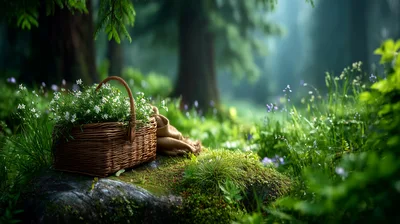 Wicker Basket Filled With White Flowers In Forest