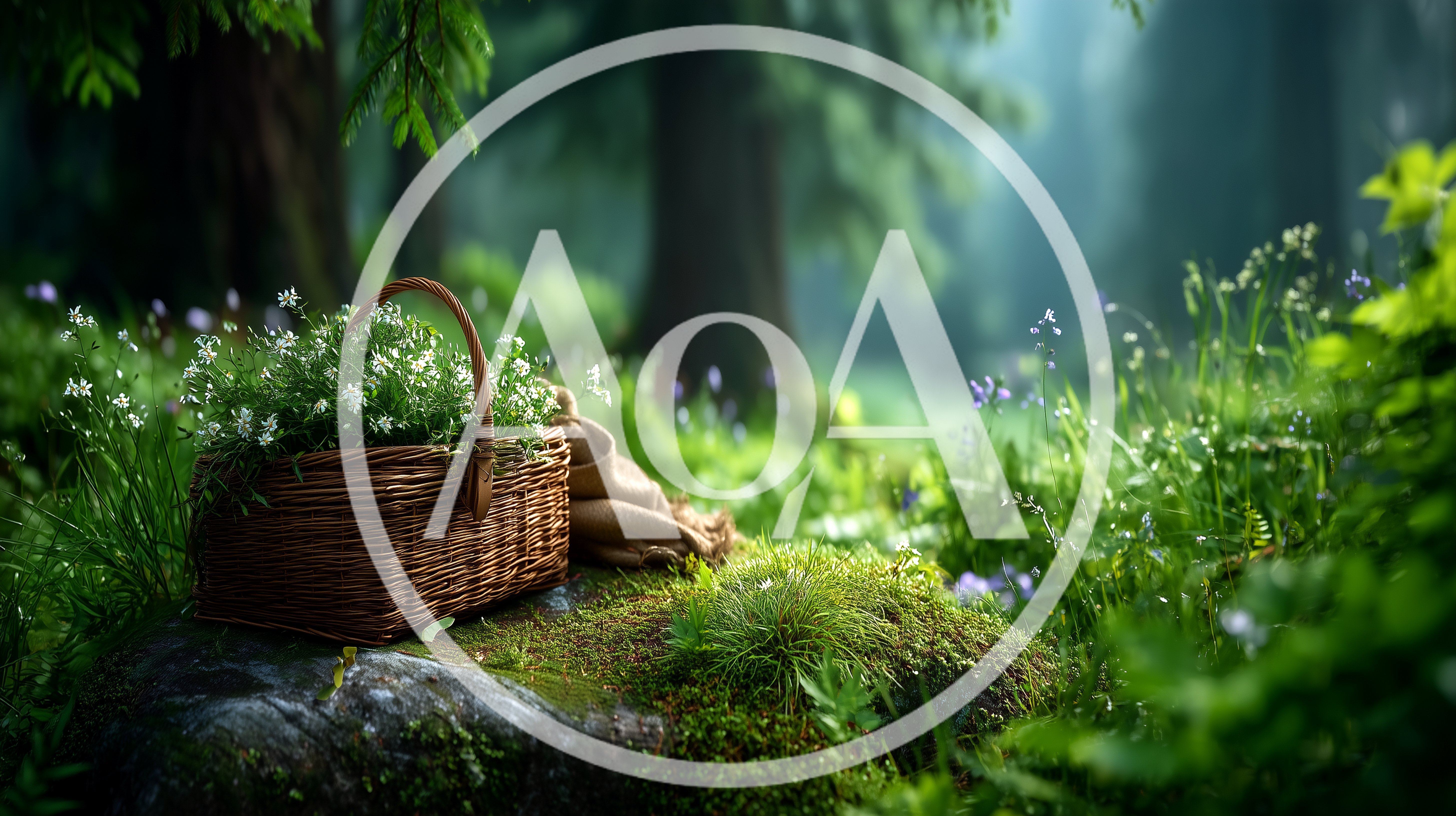 Wicker Basket Filled With White Flowers In Forest