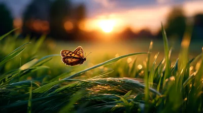 Butterfly Flying Over Green Grass At Sunset