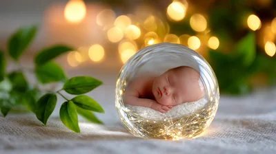 Newborn Baby Sleeping Inside A Glowing Glass Sphere