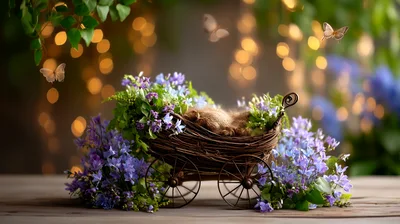 Wicker Baby Carriage Decorated With Purple Flowers