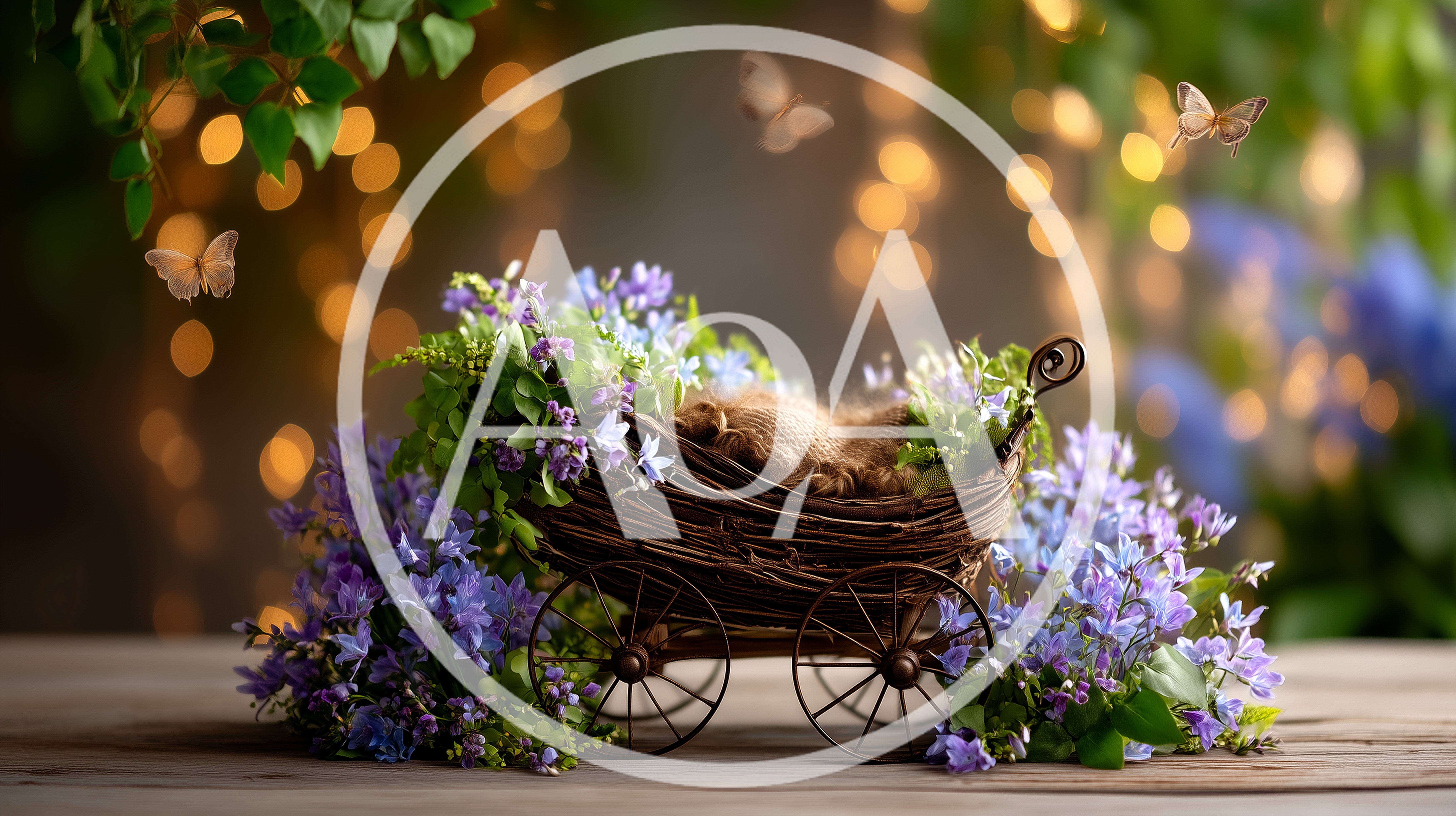 Wicker Baby Carriage Decorated With Purple Flowers
