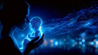 Glowing Ethereal Baby Held By A Silhouette Mother