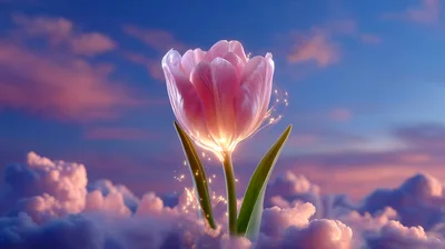Glowing Pink Tulip Floating Above Clouds