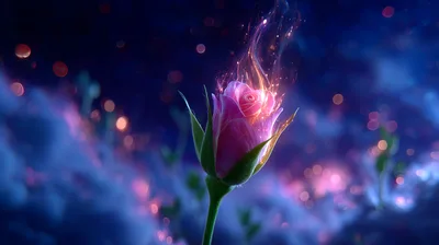 Magical Glowing Pink Rose In Mystical Blue Fog