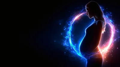 Pregnant Woman Silhouette With Glowing Neon Energy Ring