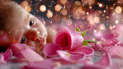 Newborn Baby Resting Among Pink Rose Petals
