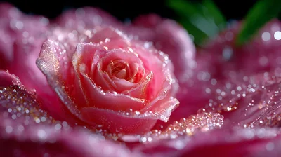 Macro Close Up Of A Pink Rose With Dewdrops