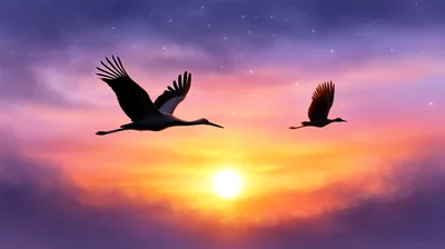 Two Cranes Flying Against A Vibrant Sunset Sky