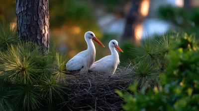 Two White Storks Resting In A Pine Tree Nest