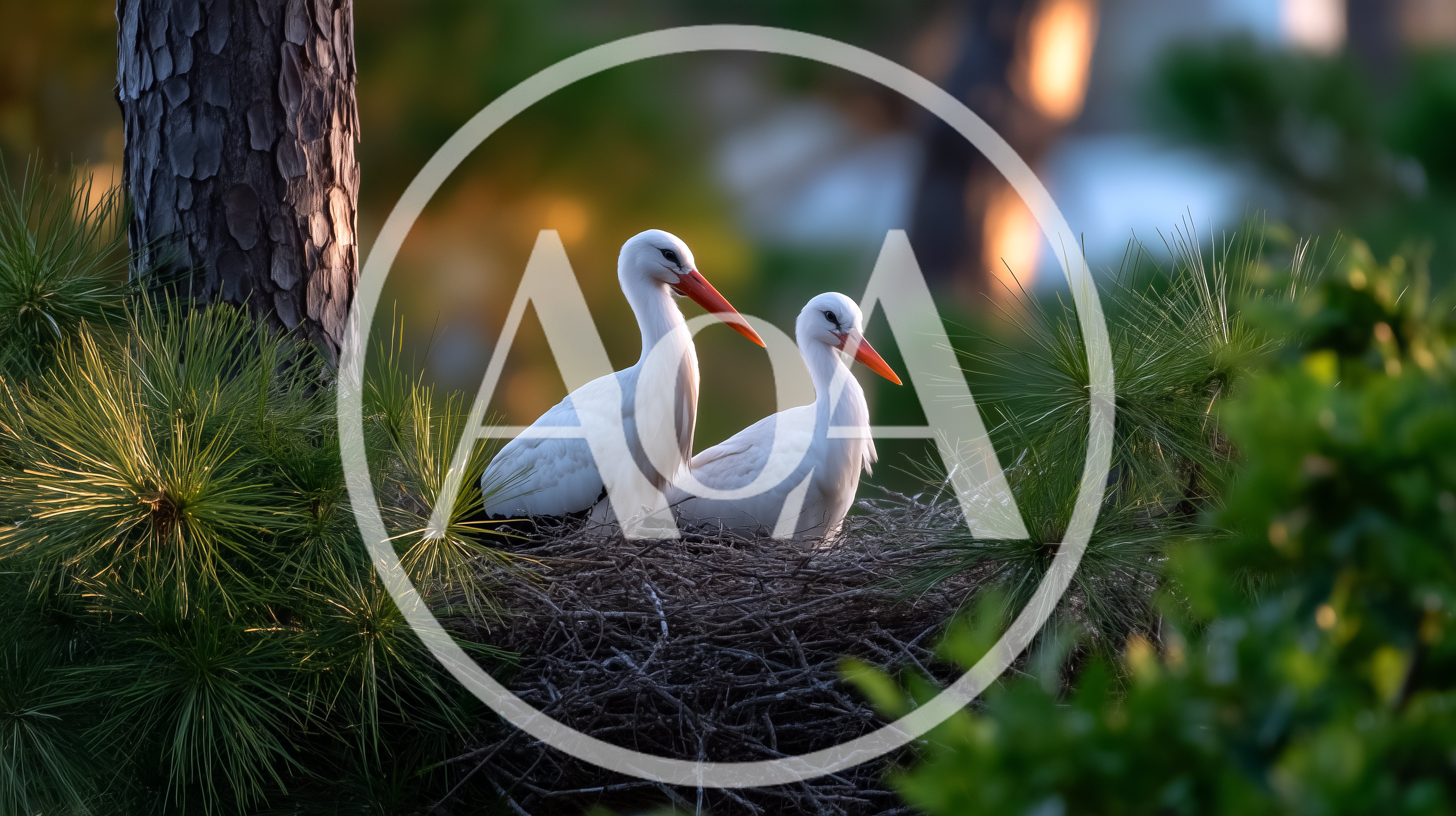 Two White Storks Resting In A Pine Tree Nest