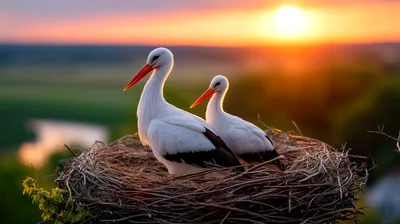 Two White Storks Resting In A Large Stick Nest