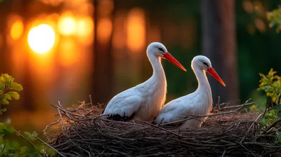 Two White Storks Resting In A Nest At Sunset