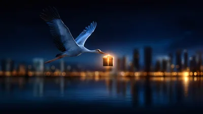 Stork Flying Over Water Carrying A Glowing Gift Box
