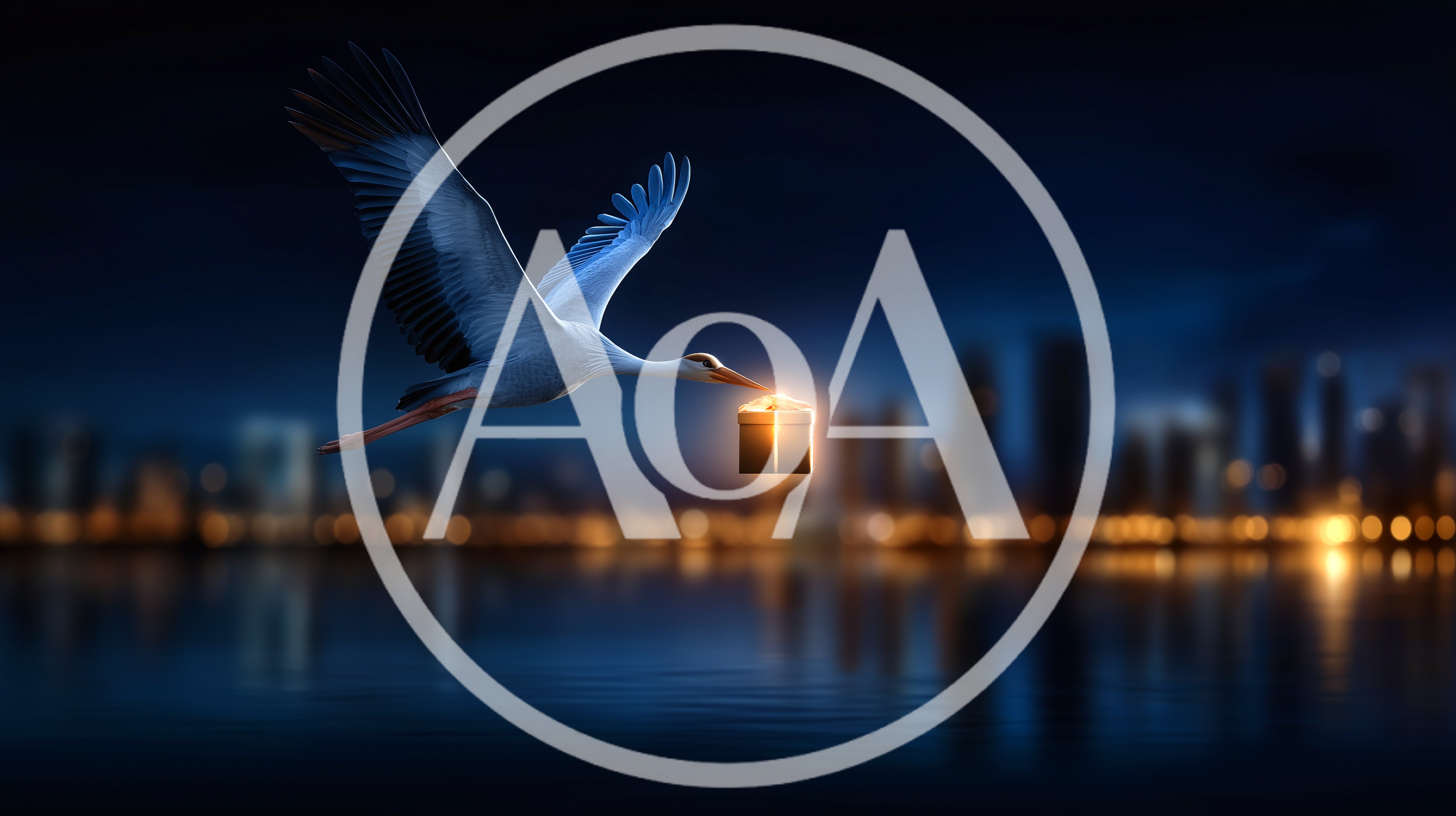 Stork Flying Over Water Carrying A Glowing Gift Box