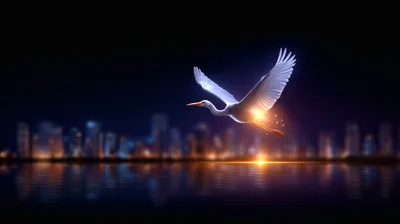 Glowing White Egret Flying Over City Skyline At Night