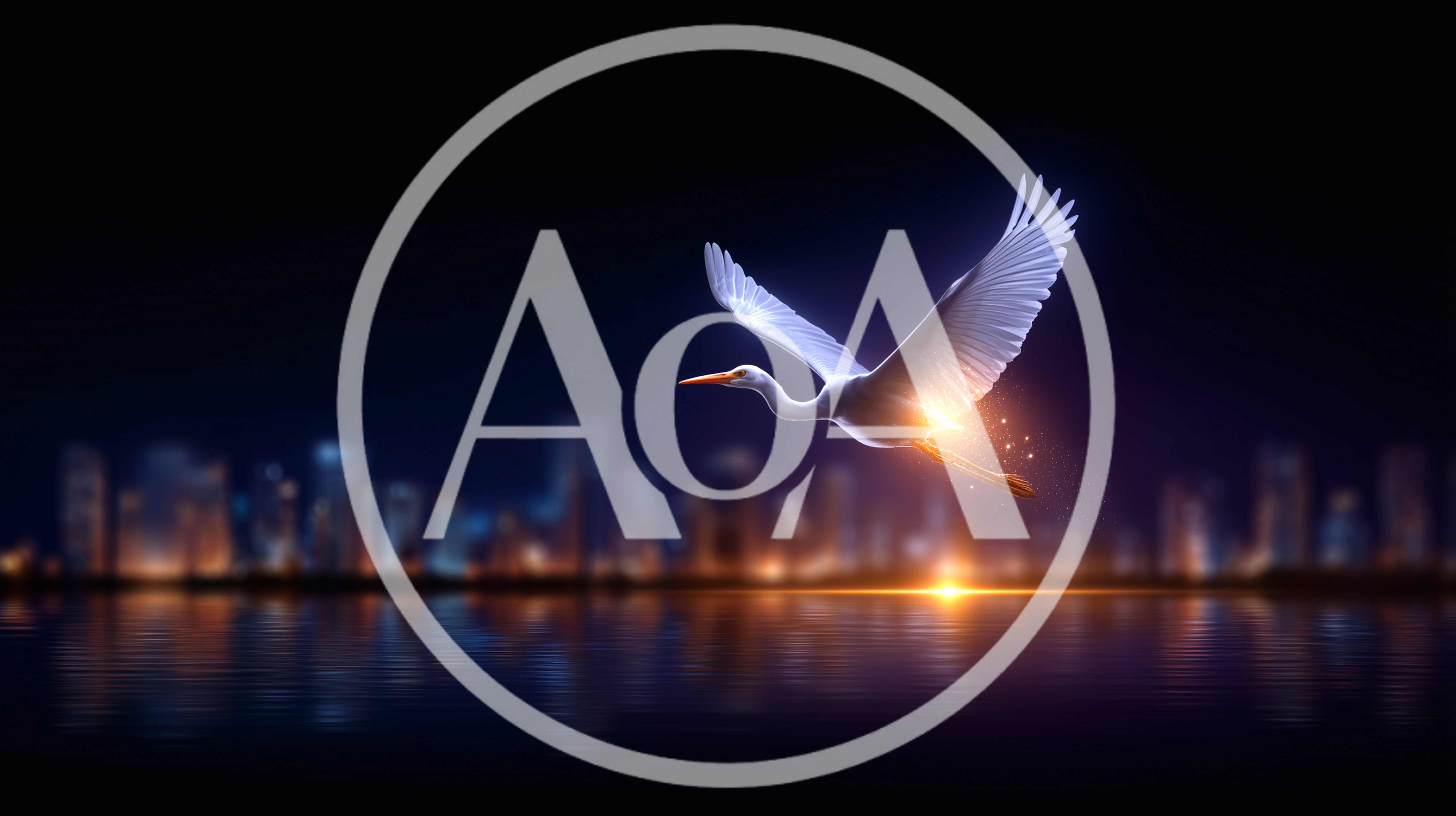 Glowing White Egret Flying Over City Skyline At Night