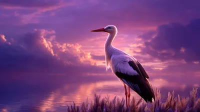 White Stork Standing In Reeds At Sunset