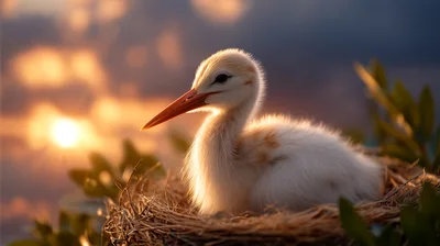 Baby Stork Sitting In A Nest At Sunset