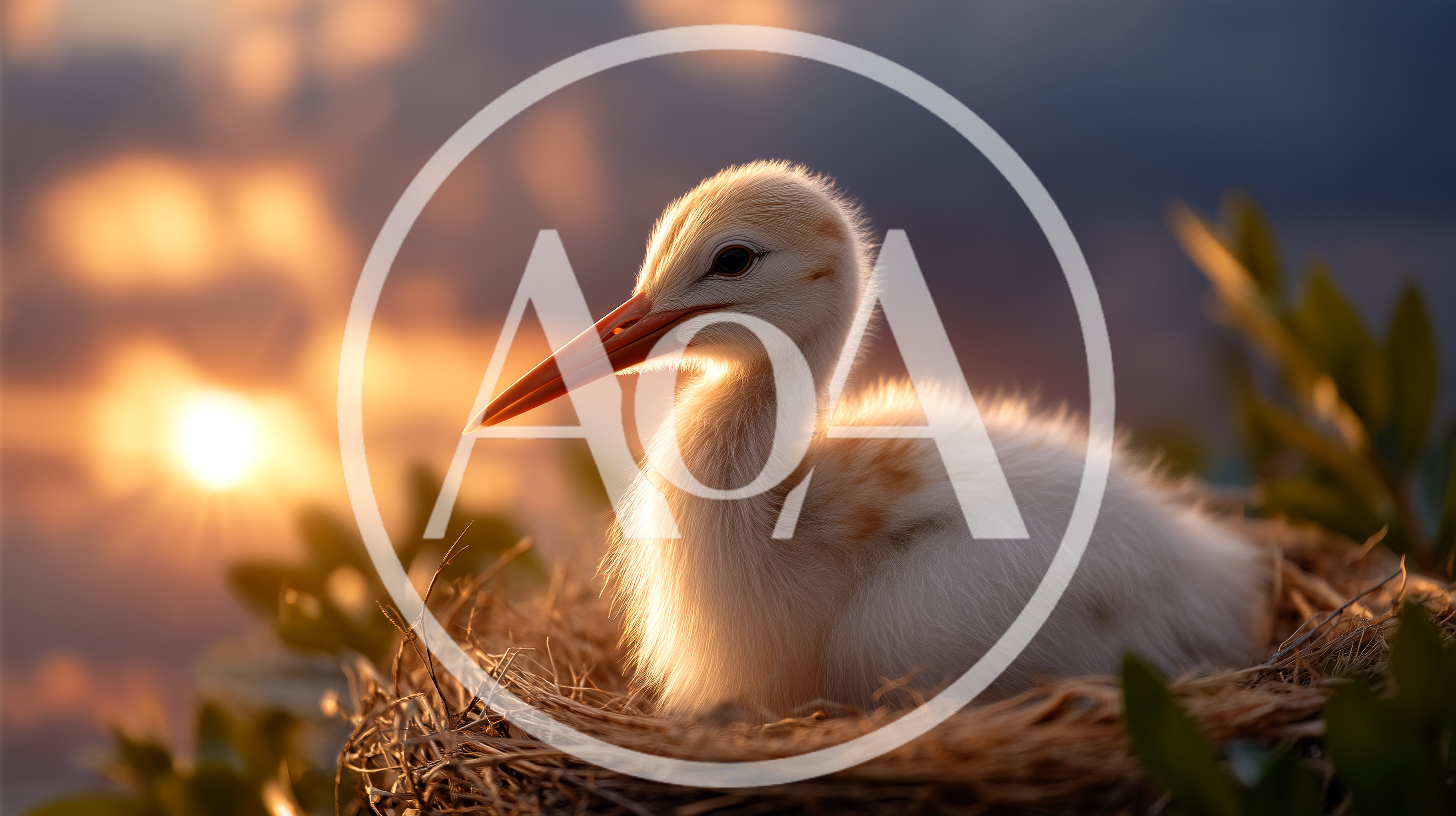 Baby Stork Sitting In A Nest At Sunset