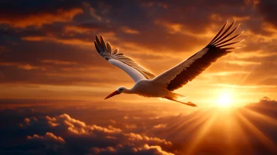 White Stork Flying Above Clouds At Sunset