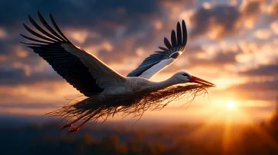 White Stork Flying With Nesting Material At Sunset