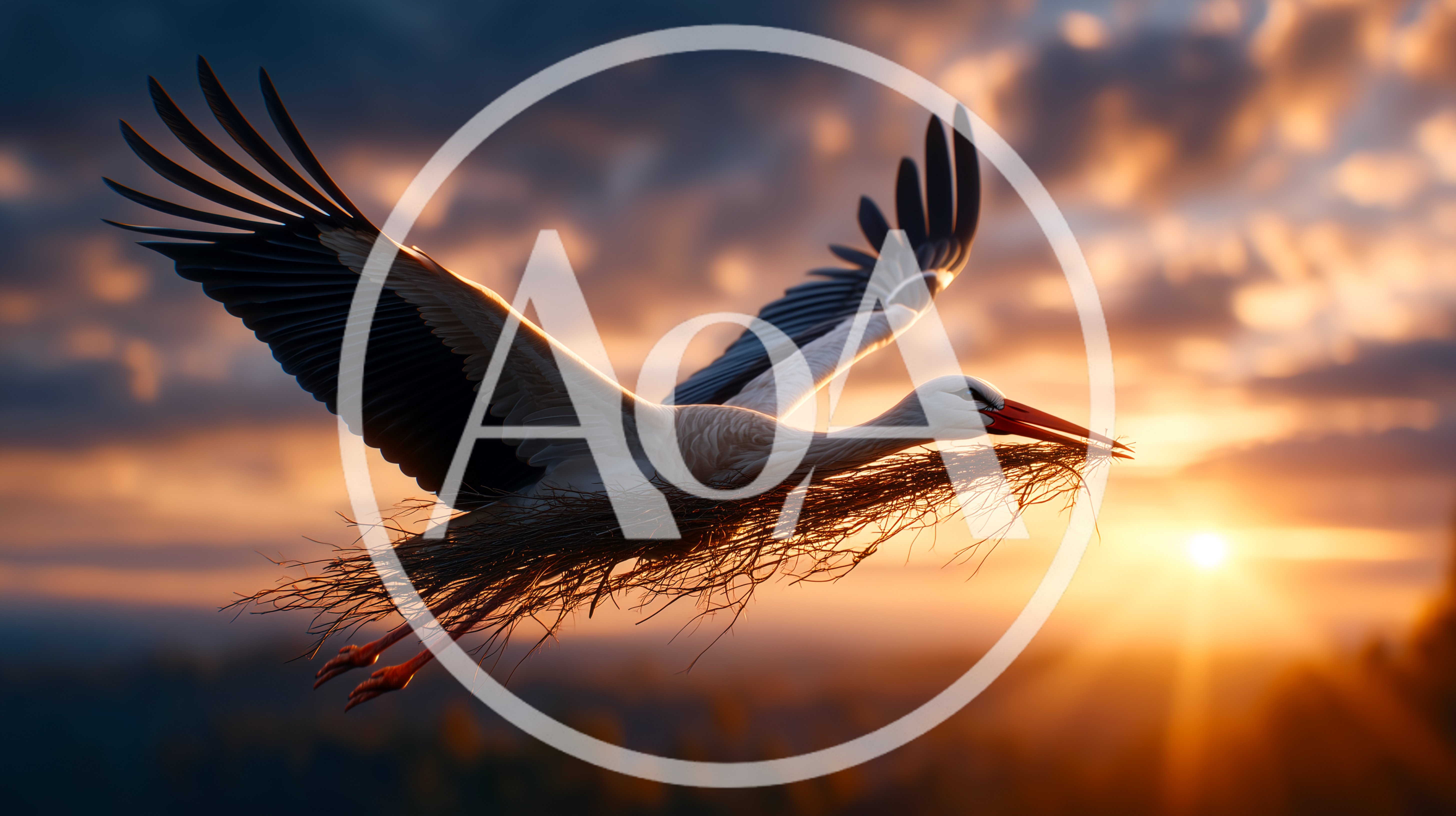 White Stork Flying With Nesting Material At Sunset