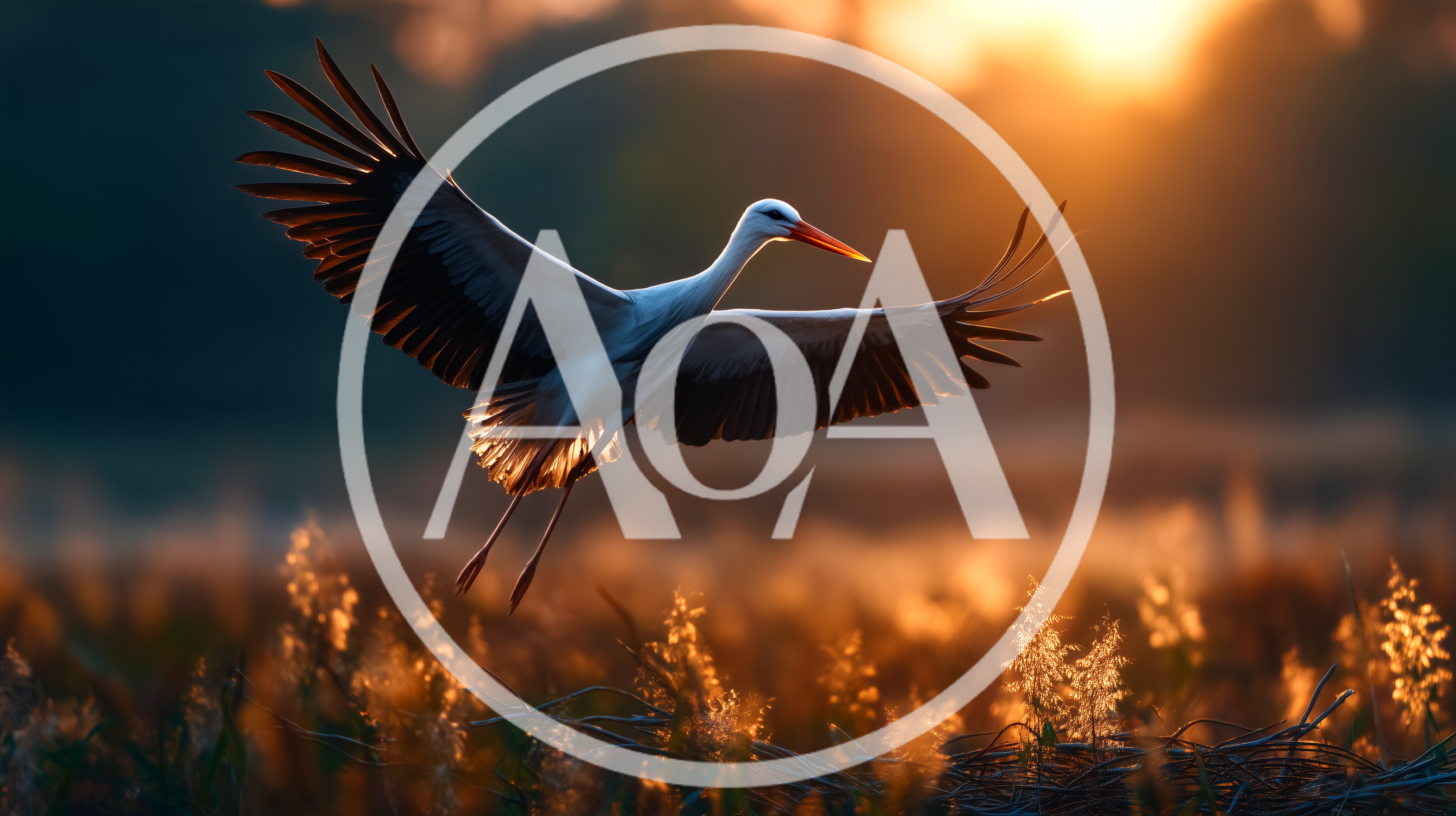 White Stork Flying Over Golden Meadow At Sunset