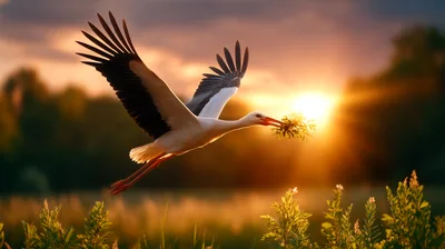 White Stork Flying With Nesting Material At Sunset