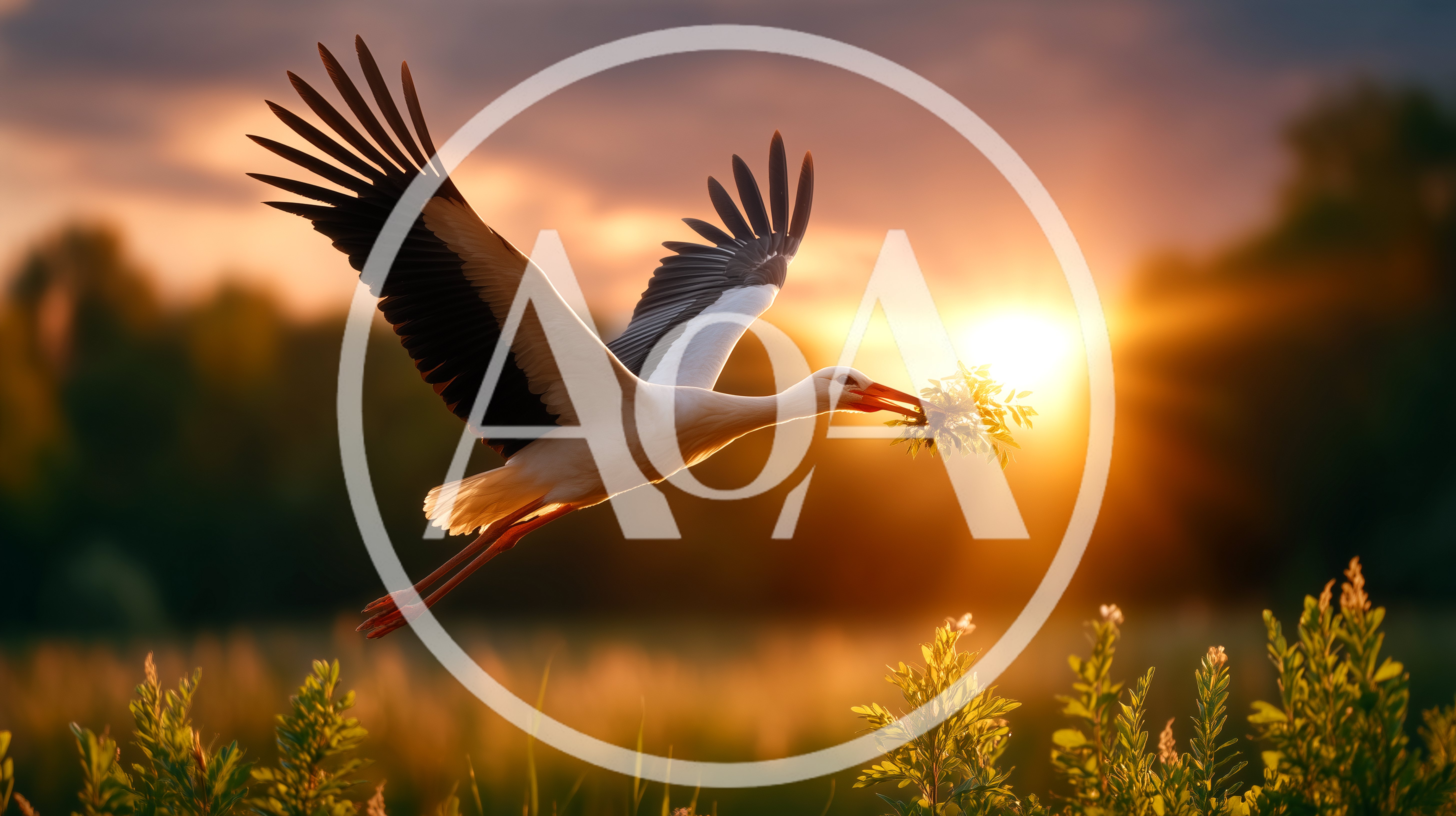 White Stork Flying With Nesting Material At Sunset