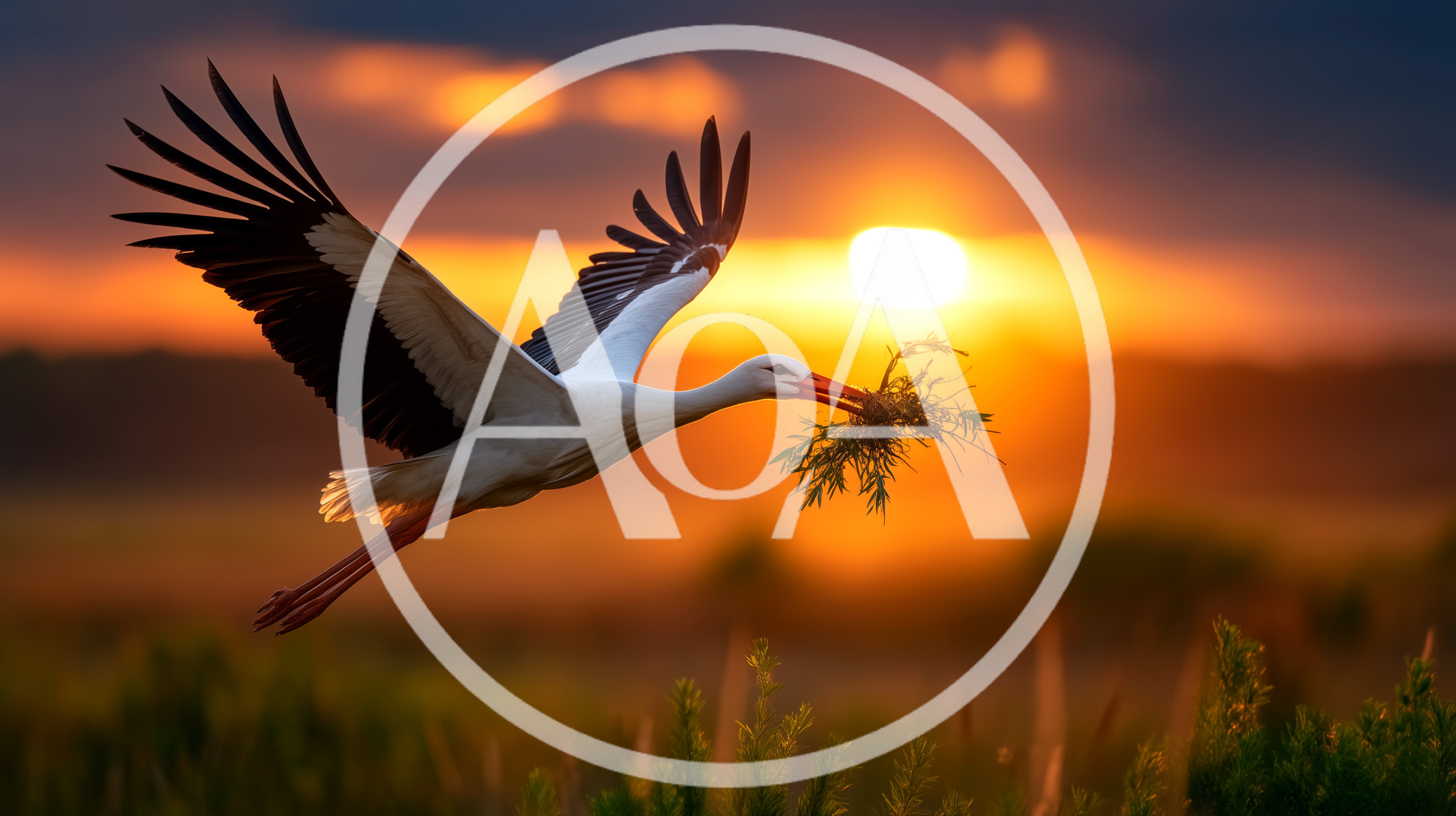 White Stork Flying With Nesting Material At Sunset