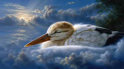 Stork Sleeping Peacefully On A Bed Of Clouds