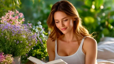 Young Woman Reading A Book In A Garden