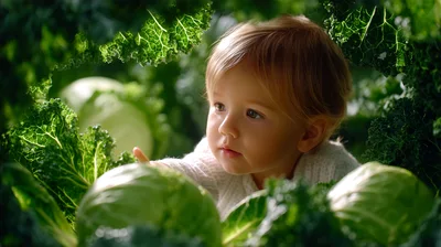 Toddler Exploring Fresh Green Cabbage In A Garden