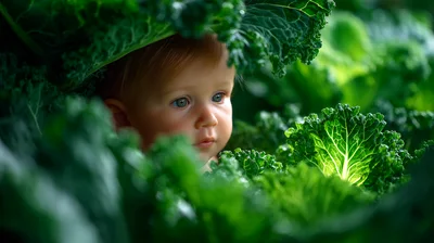Baby Peeking Out From Behind Lush Green Kale Leaves