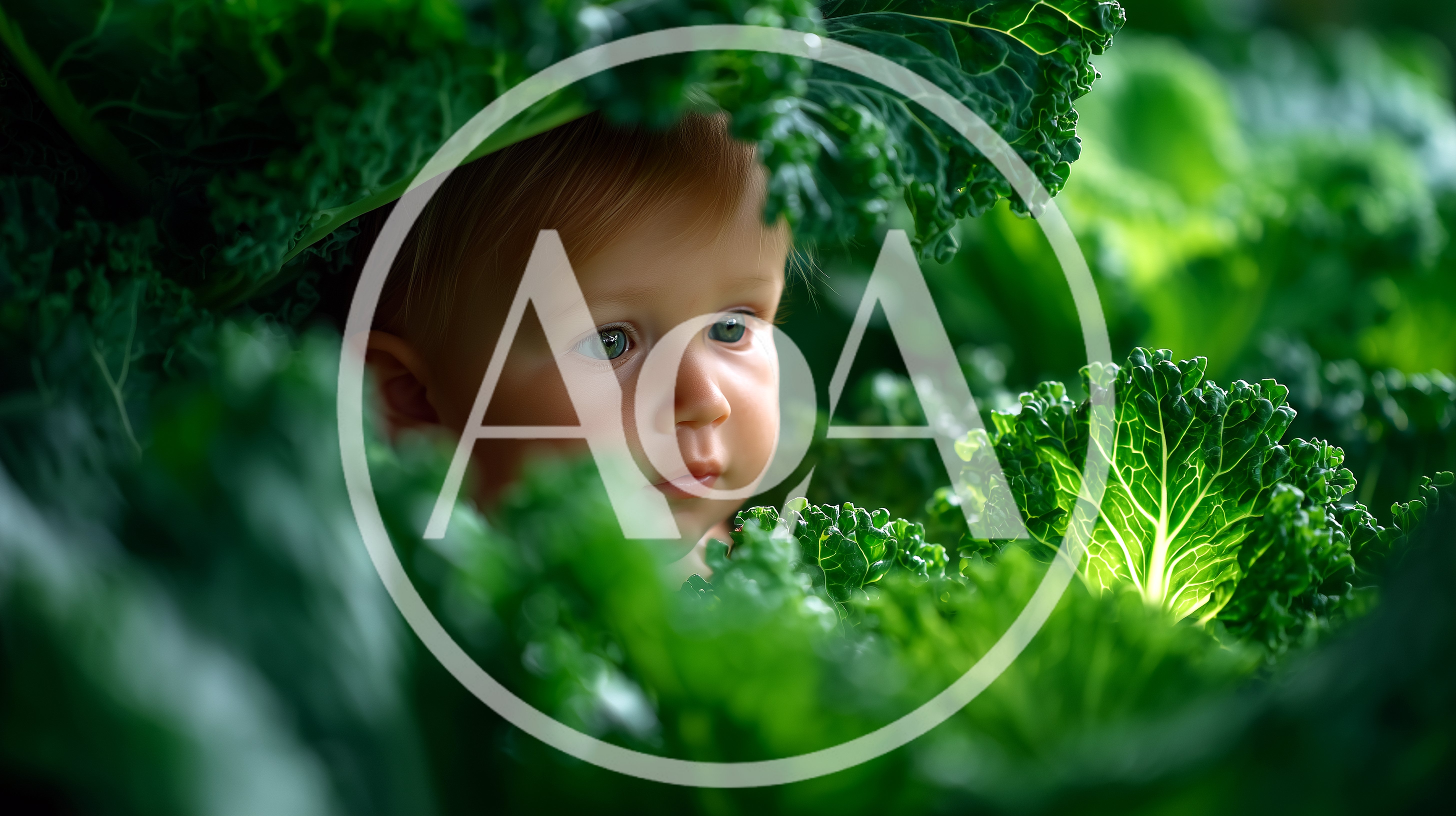 Baby Peeking Out From Behind Lush Green Kale Leaves