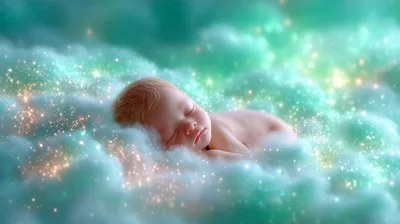 Newborn Baby Sleeping Peacefully On Magical Glowing Clouds