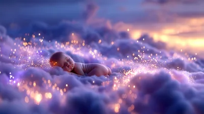 Newborn Baby Sleeping Peacefully On Dreamy Purple Clouds