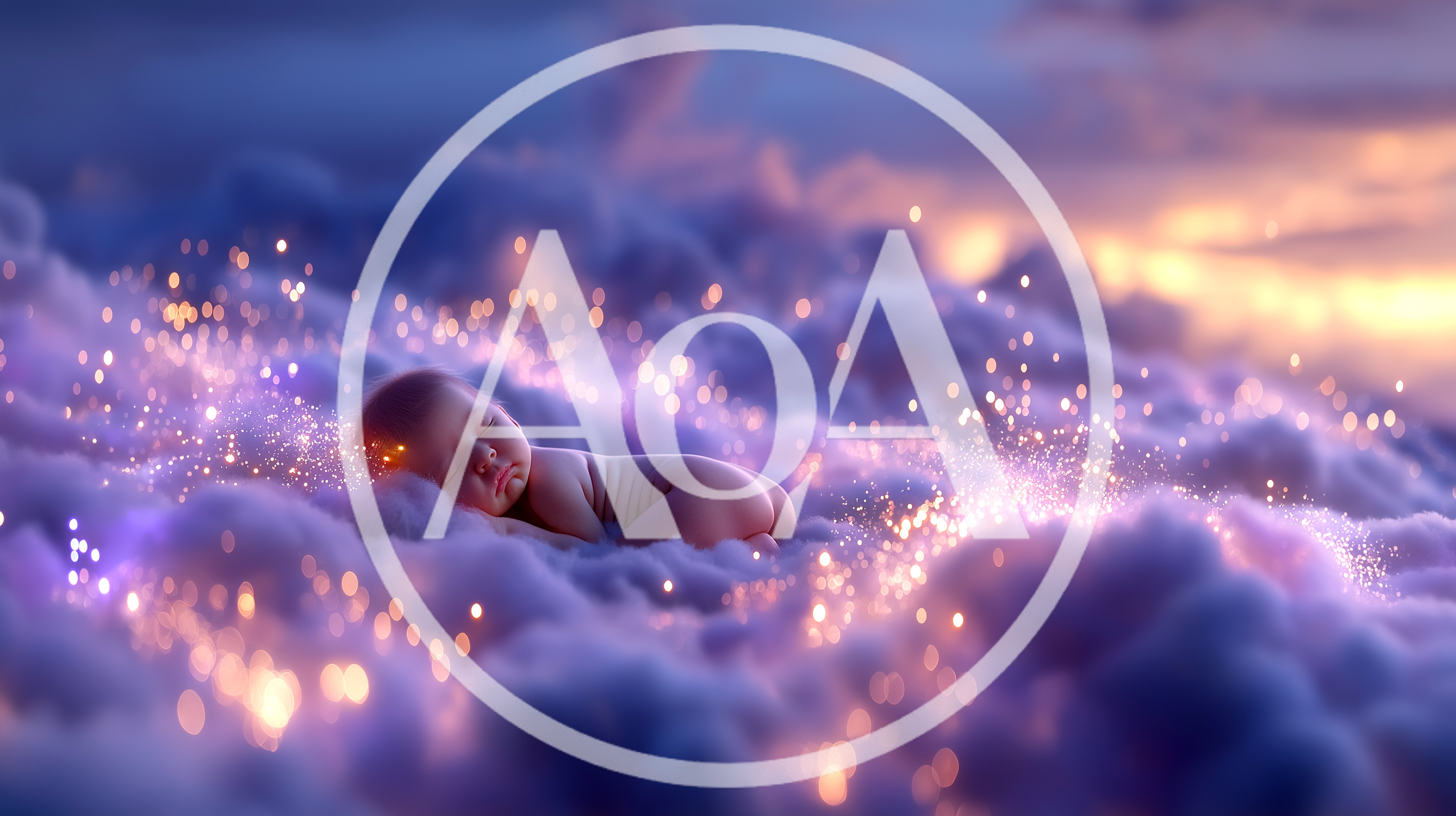 Newborn Baby Sleeping Peacefully On Dreamy Purple Clouds