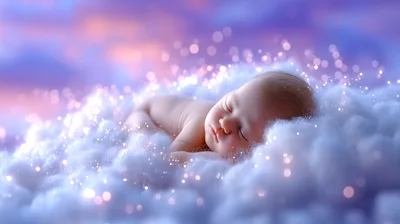 Newborn Baby Sleeping Peacefully On Fluffy Clouds