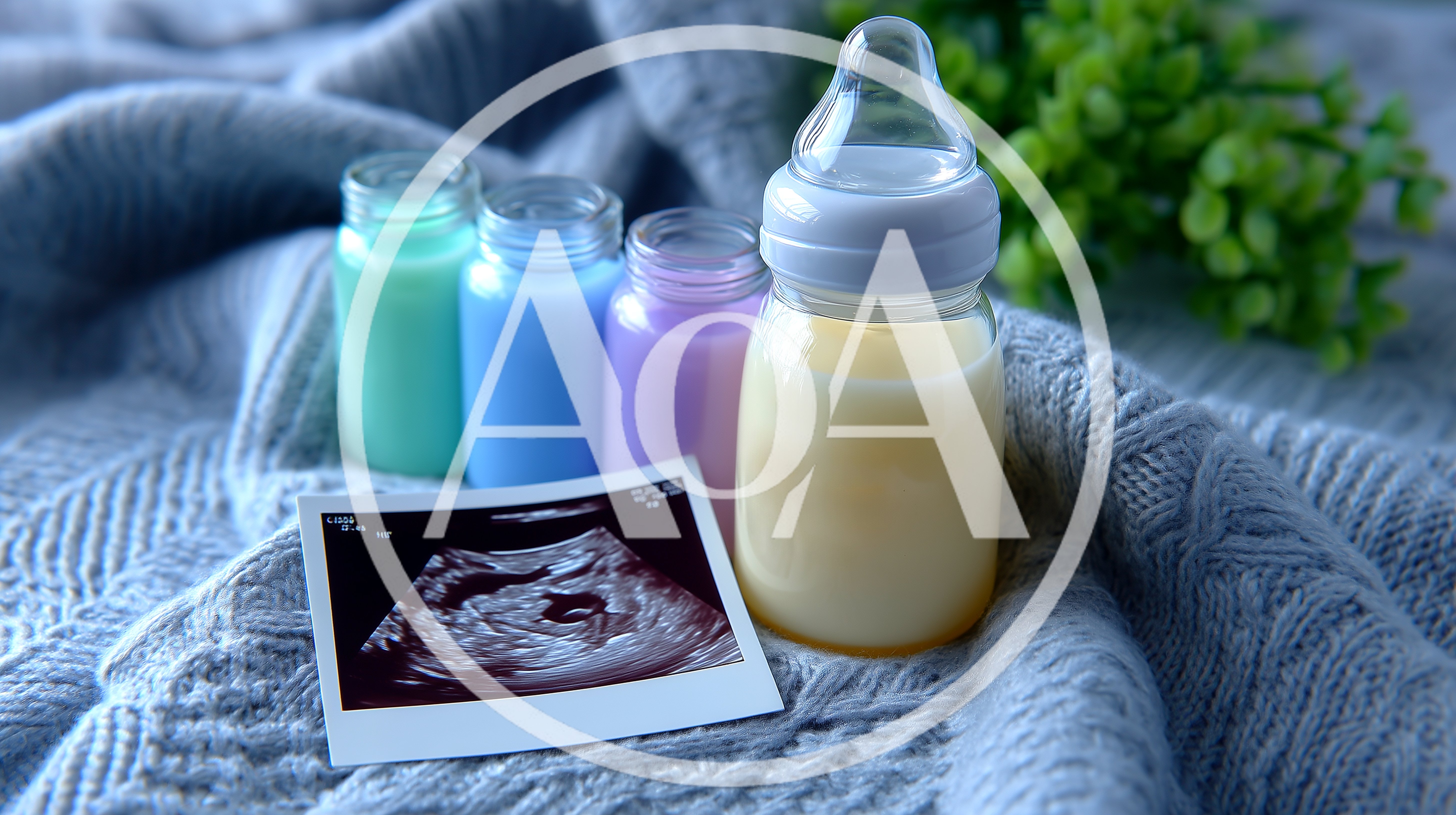 Baby Bottles and Ultrasound Scan on Knitted Blanket