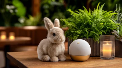 Cute Fluffy Bunny Beside Smart Speaker On Wooden Table