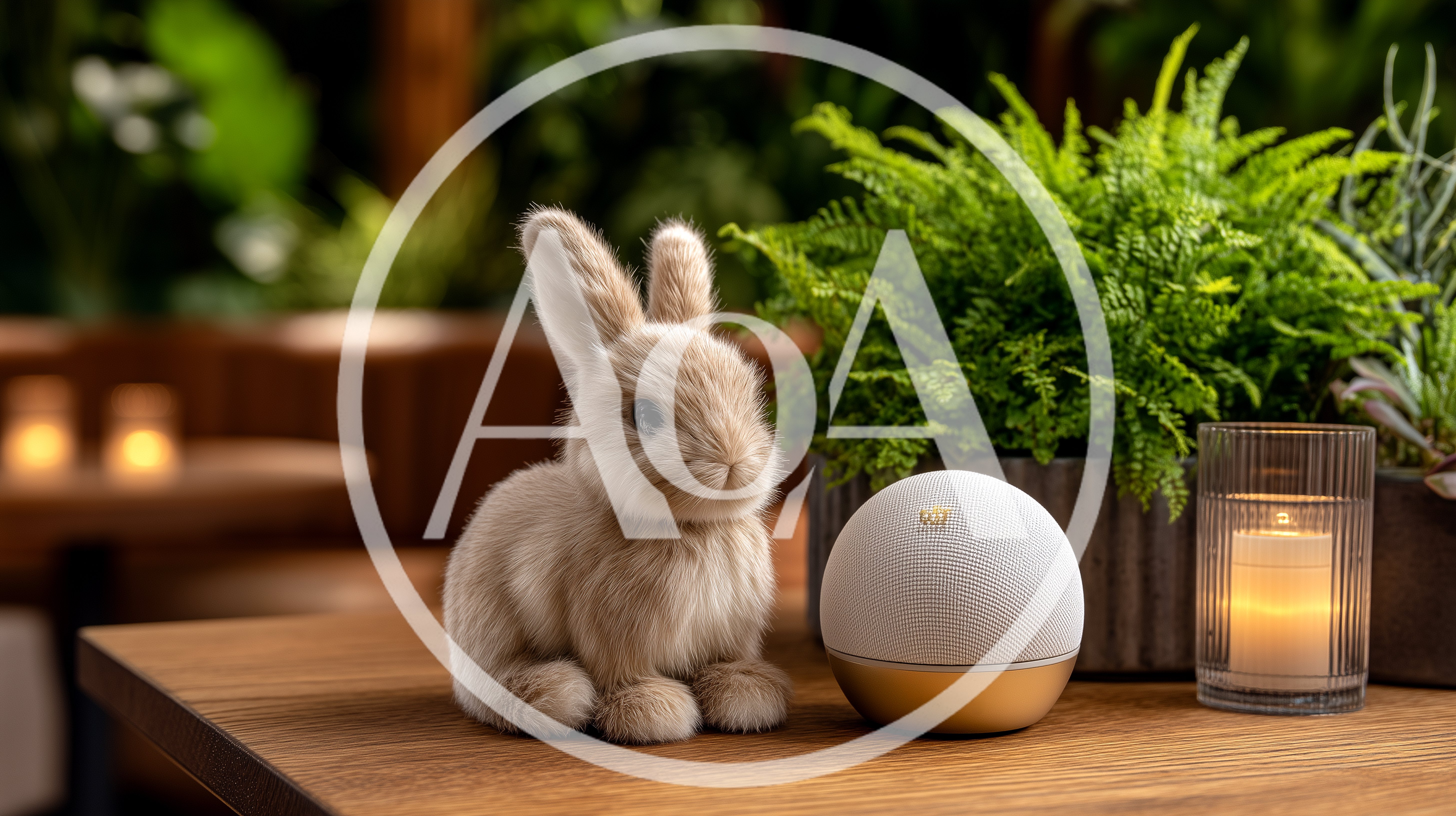 Cute Fluffy Bunny Beside Smart Speaker On Wooden Table